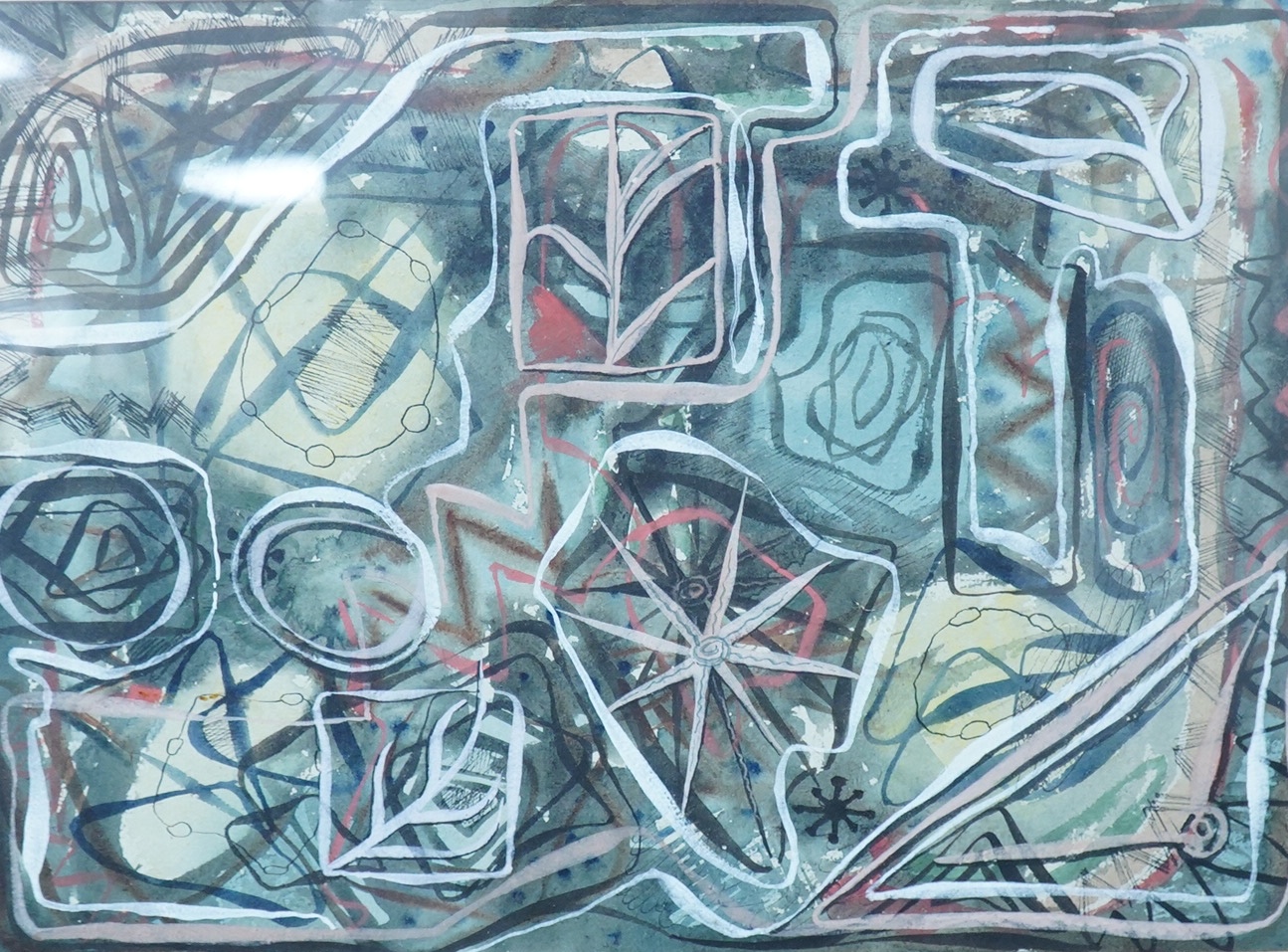 C. Wollaston, 'Chambers of the mind', signed, James Bourlet & Sons labels verso to include RBA winter 1953, watercolour and mixed media, 27 x 38cm